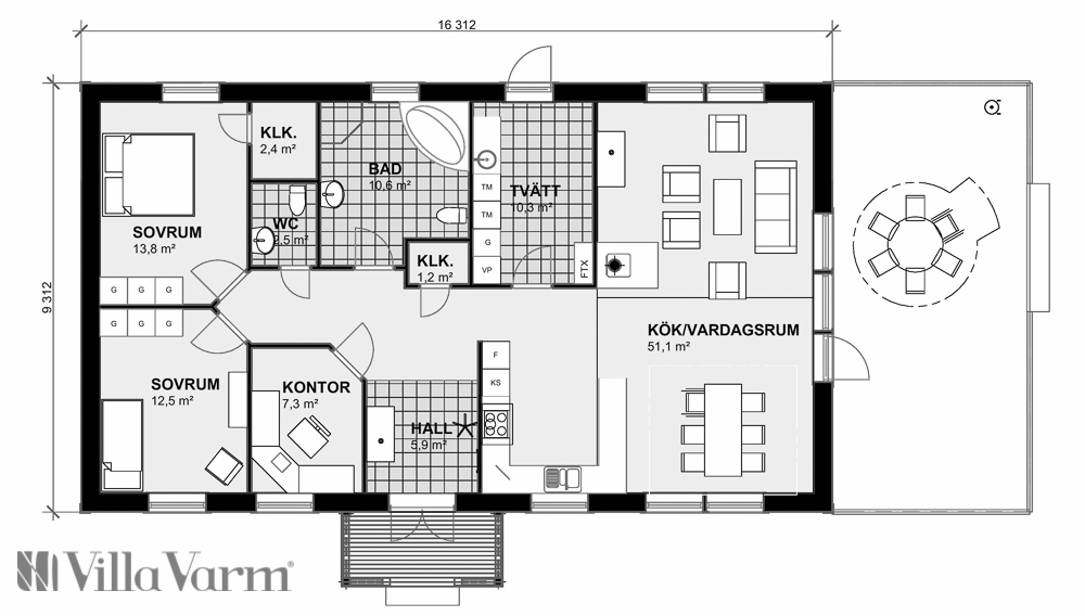 Villa näle byggsmart enplanshus med ryggåstak från villa varm